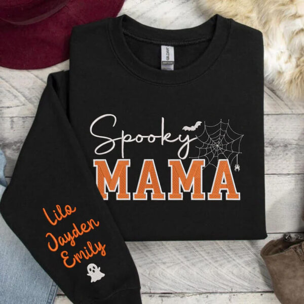 Embroidered Custom Spooky MAMA Shirt With Kid Names On Sleeve