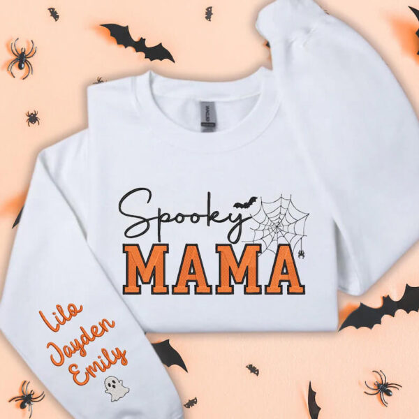 Embroidered Custom Spooky MAMA Shirt With Kid Names On Sleeve 2