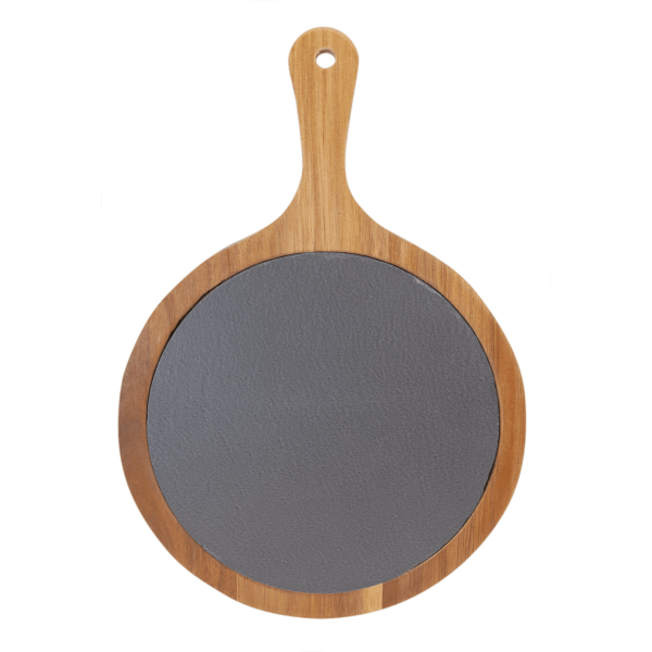 Round Acacia Wood/Slate Serving Board with Handle - Image 2